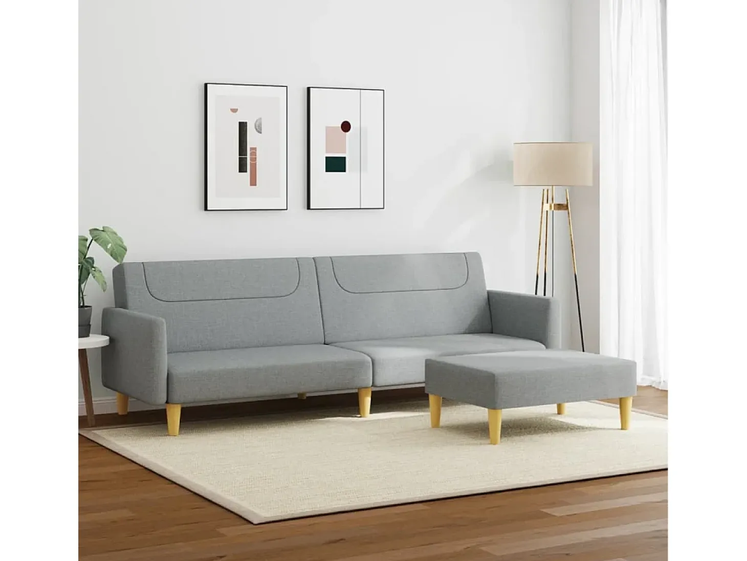 Sofá cama de 2 plazas con taburete tela gris claro