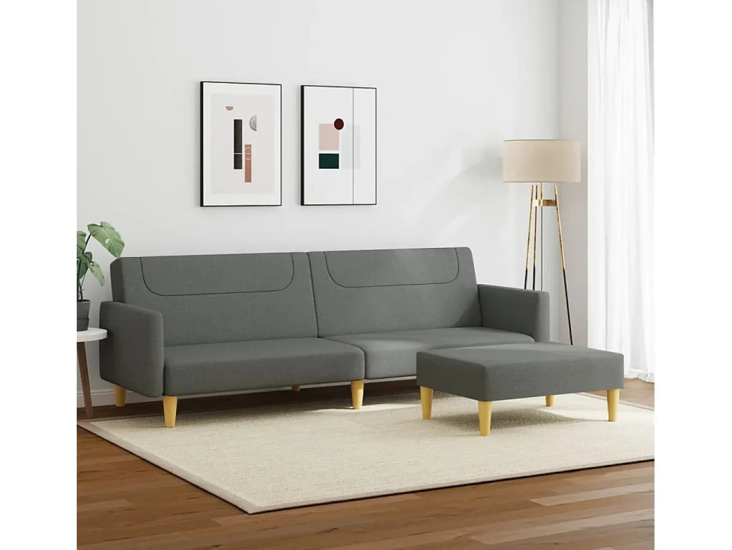 Sofá cama de 2 plazas con taburete tela gris oscuro
