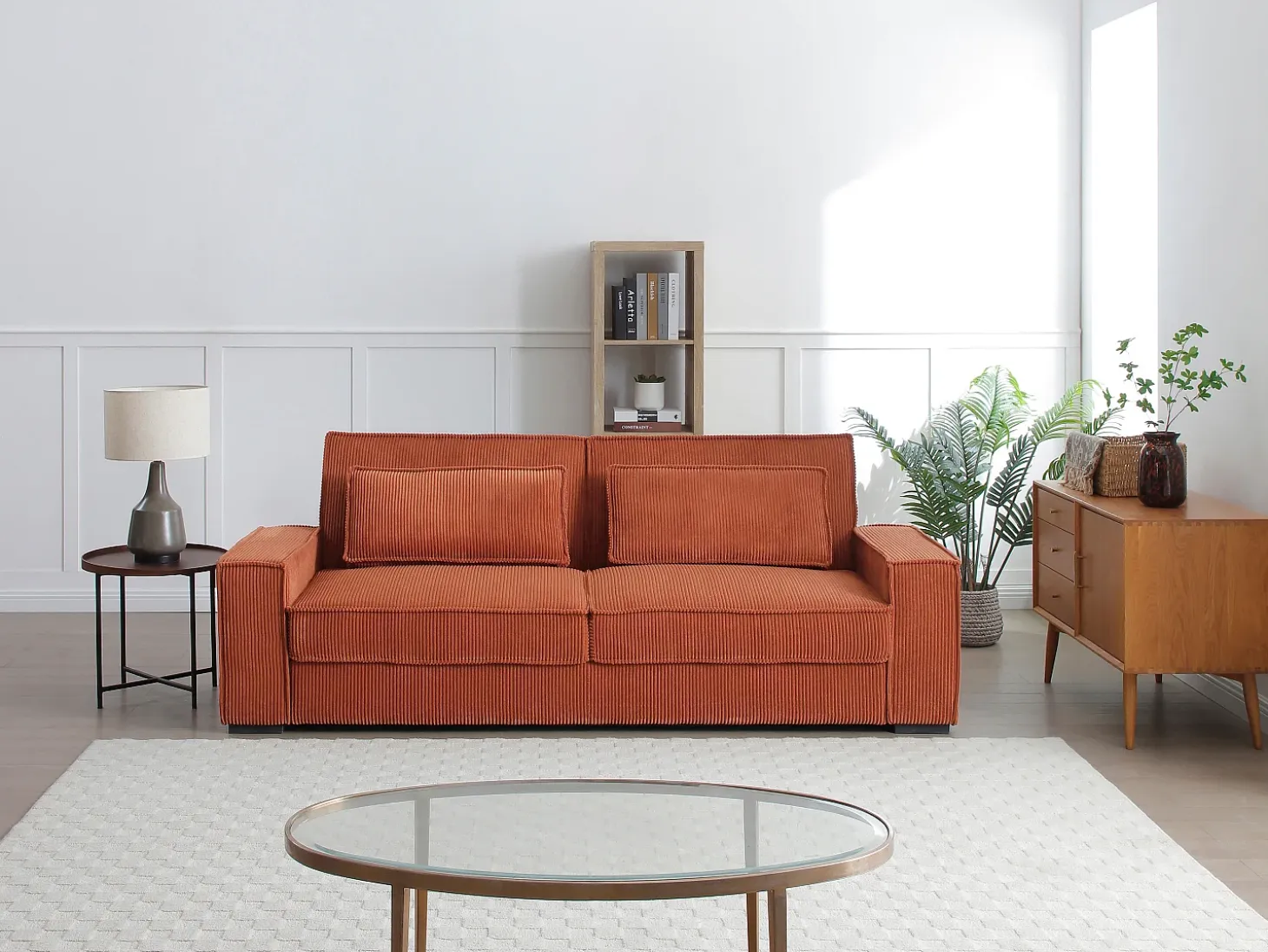 Sofá cama de 3 plazas convertible de terciopelo acanalado color terracota FINORO