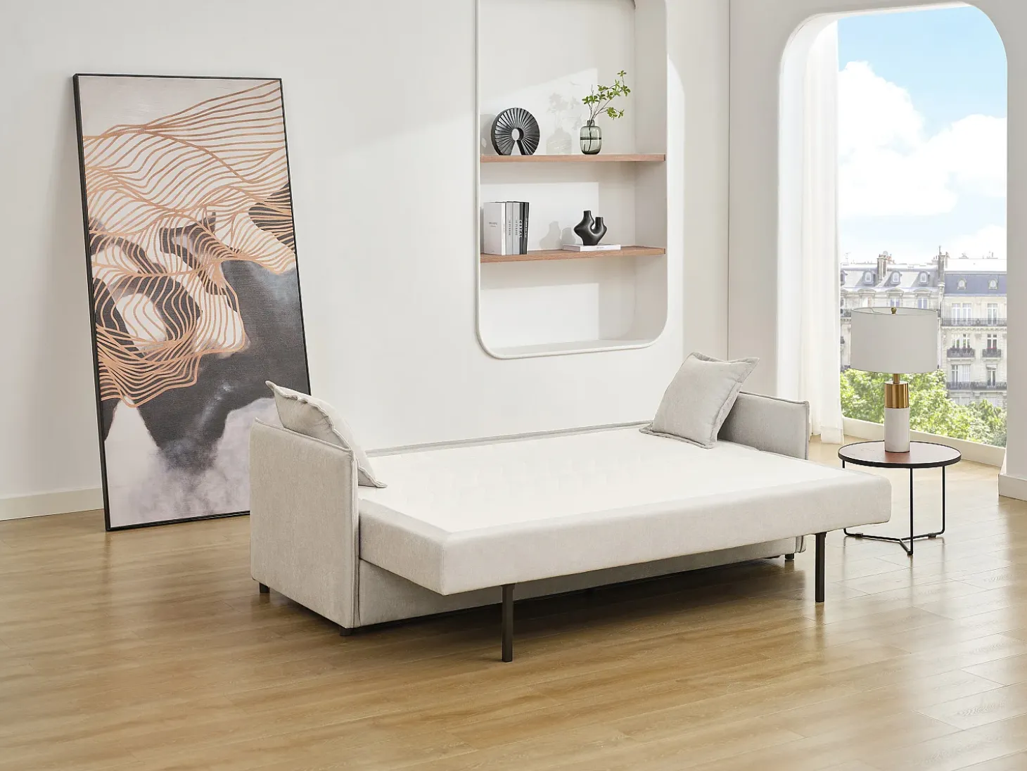 Sofá cama de 3 plazas de tela beige con asiento de espuma viscoelástica SERABA