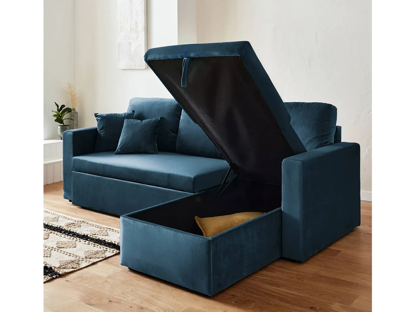 Sofá cama esquinero reversible de 3 plazas azul