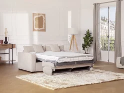 Sofá cama Express convertible en pana beige, cama de láminas de 160 cm, 16 cm de grosor, MONDOVI