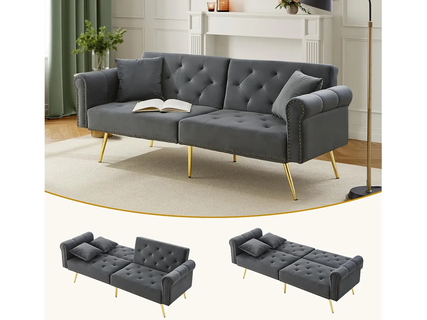 Sofá cama moderno de 2 plazas – 173 x 75 x 70 cm – Respaldo regulable en 3 niveles + patas de metal dorado – Terciopelo – Gris