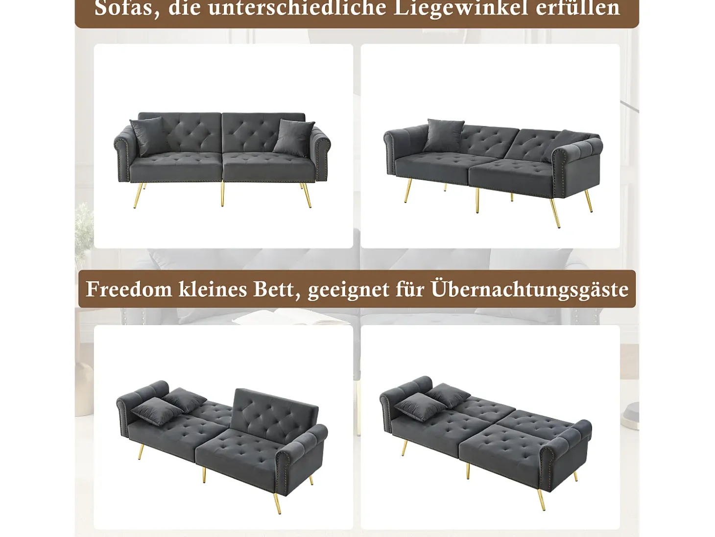 Sofá cama moderno de 2 plazas – 173 x 75 x 70 cm – Respaldo regulable en 3 niveles + patas de metal dorado – Terciopelo – Gris