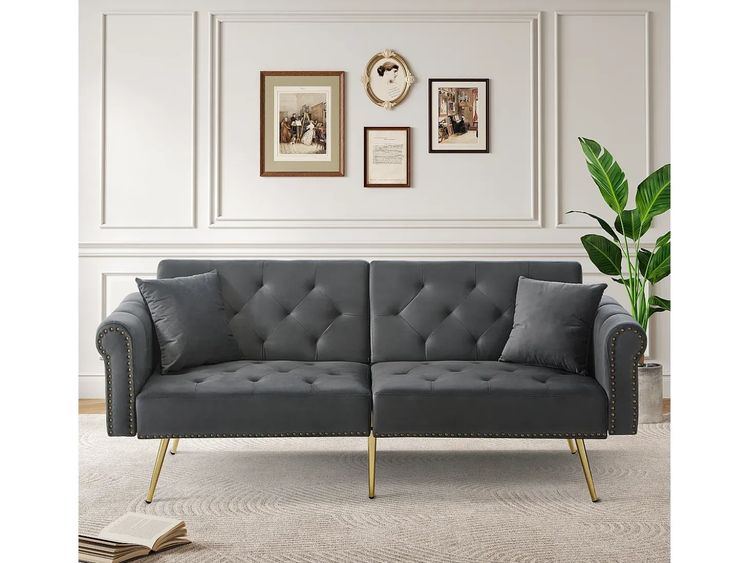 Sofá cama moderno de 2 plazas – 173 x 75 x 70 cm – Respaldo regulable en 3 niveles + patas de metal dorado – Terciopelo – Gris