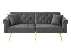 Sofá cama moderno de 2 plazas – 173 x 75 x 70 cm – Respaldo regulable en 3 niveles + patas de metal dorado – Terciopelo – Gris