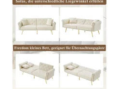 Sofá cama moderno de 2 plazas – 173 x 75 x 70 cm – Respaldo regulable en 3 niveles + patas de metal dorado – Terciopelo – Beige