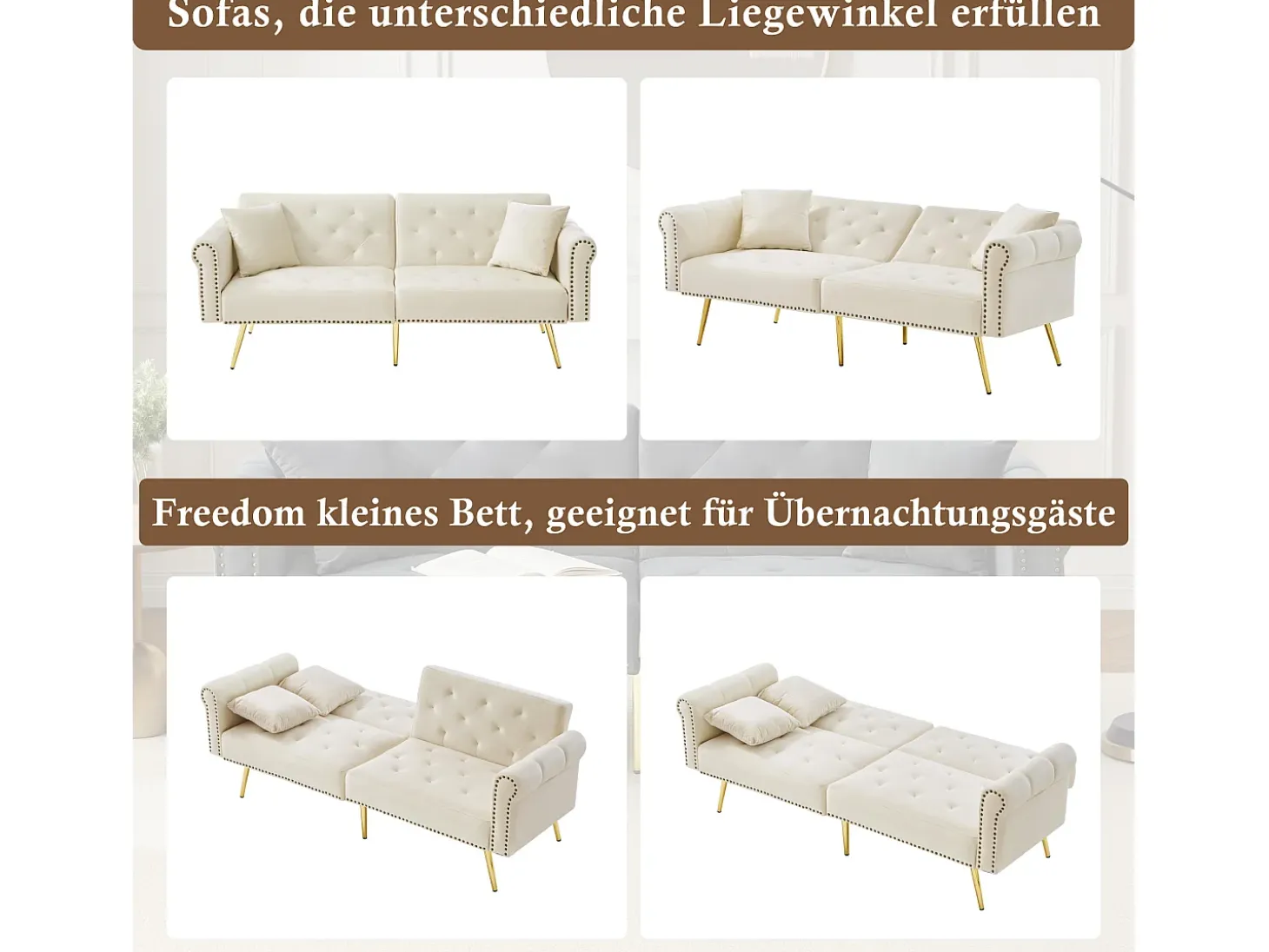 Sofá cama moderno de 2 plazas – 173 x 75 x 70 cm – Respaldo regulable en 3 niveles + patas de metal dorado – Terciopelo – Beige