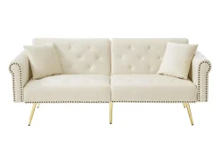 Sofá cama moderno de 2 plazas – 173 x 75 x 70 cm – Respaldo regulable en 3 niveles + patas de metal dorado – Terciopelo – Beige