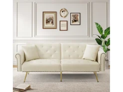 Sofá cama moderno de 2 plazas – 173 x 75 x 70 cm – Respaldo regulable en 3 niveles + patas de metal dorado – Terciopelo – Beige