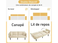 Sofá cama recto de 2 plazas en terciopelo beige con patas de madera negras, respaldo abatible - 176x78x76cm