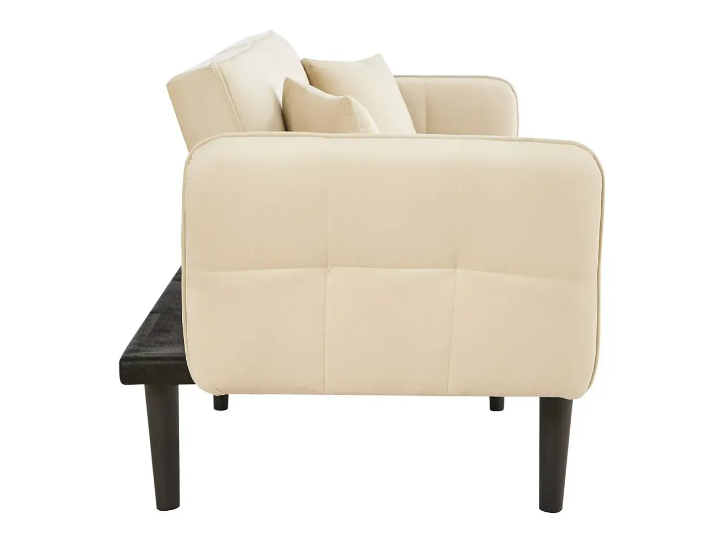 Sofá cama recto de 2 plazas en terciopelo beige con patas de madera negras, respaldo abatible - 176x78x76cm
