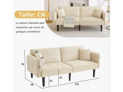 Sofá cama recto de 2 plazas en terciopelo beige con patas de madera negras, respaldo abatible - 176x78x76cm