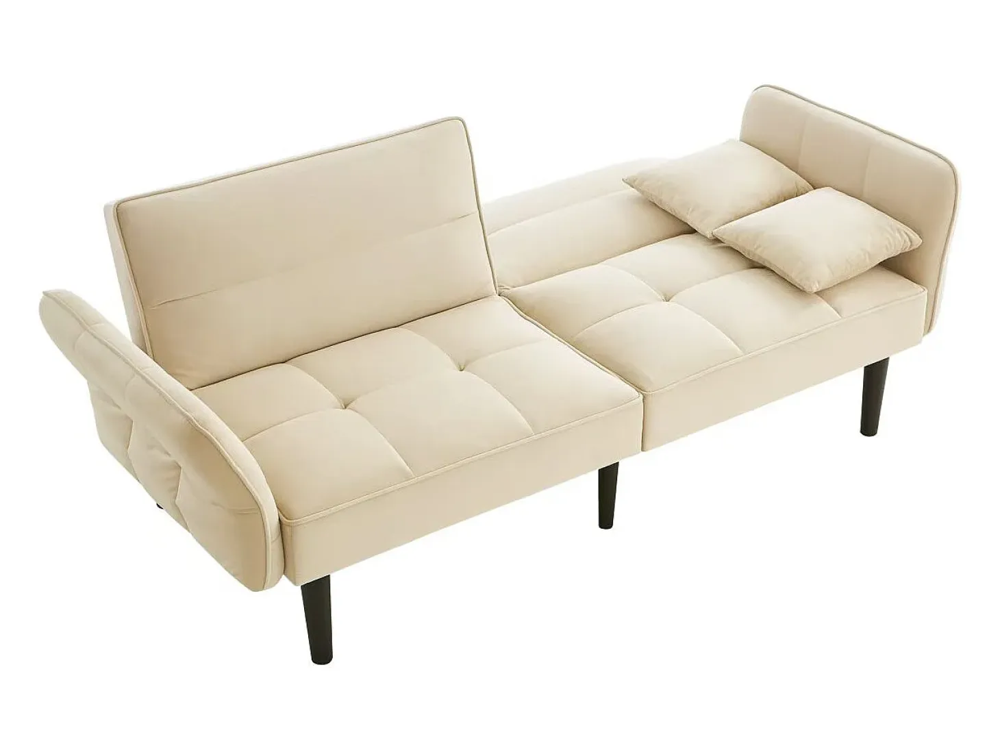Sofá cama recto de 2 plazas en terciopelo beige con patas de madera negras, respaldo abatible - 176x78x76cm