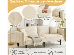 Sofá cama recto de 2 plazas en terciopelo beige con patas de madera negras, respaldo abatible - 176x78x76cm