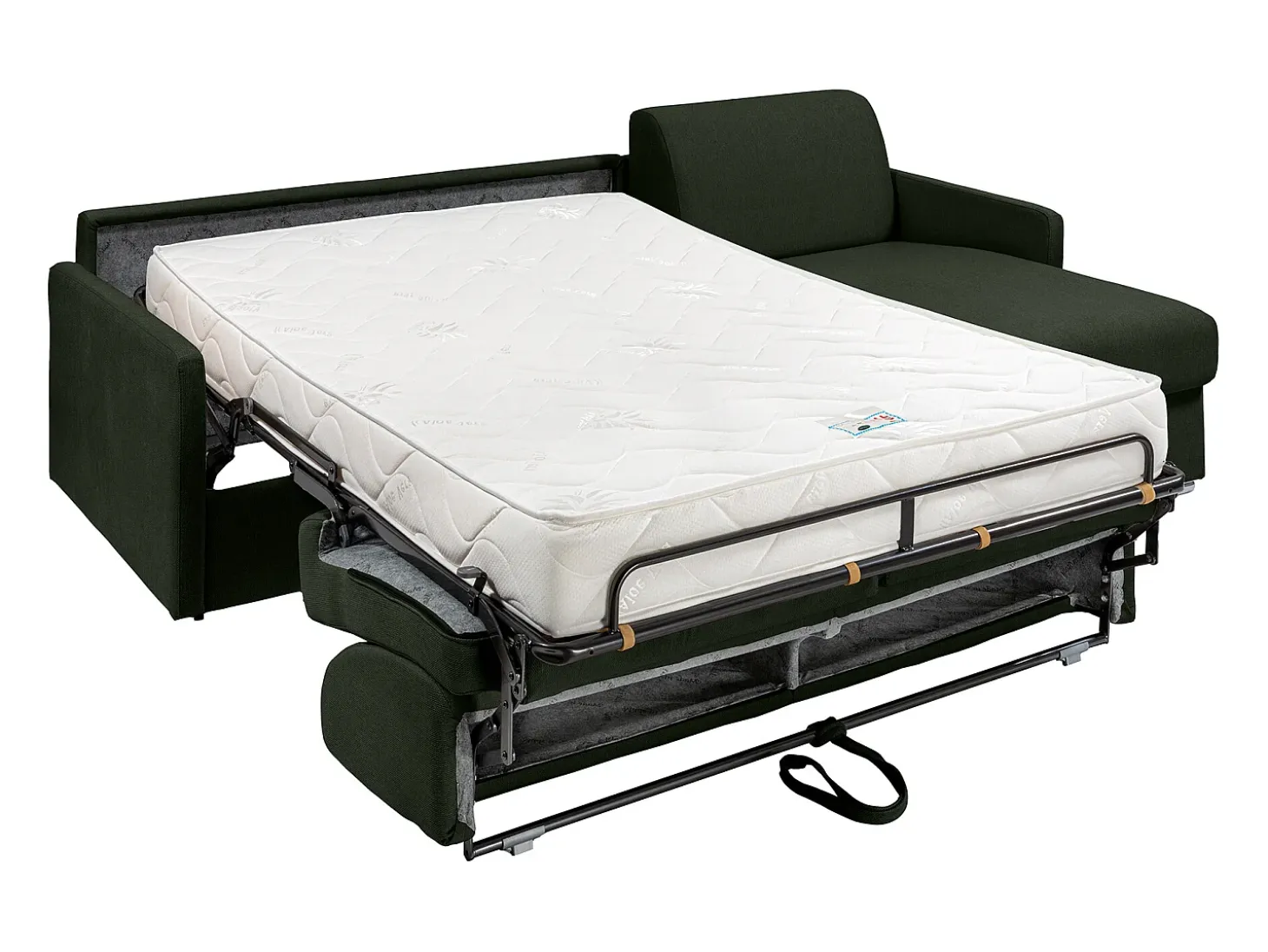 Sofá cama rinconera de tela color verde pino - Cama de 140 cm - Colchón de 18 cm - CALIFE