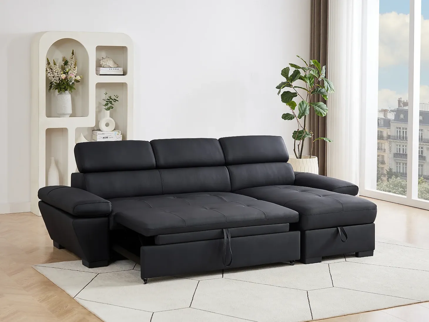 Sofá cama rinconera derecha de cuero negro JONOVA