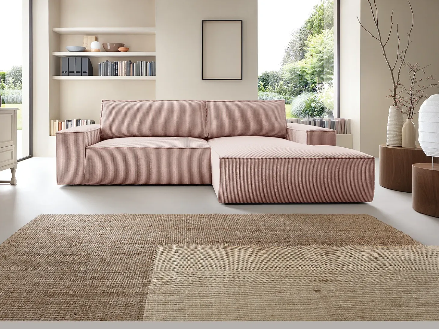 Sofá cama rinconera derecha de pana rosa empolvado AMELIA