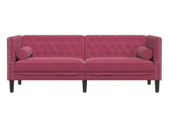 Sofá Chesterfield 3 plazas con cojines terciopelo rojo tinto