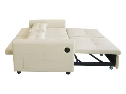 Sofá convertible de 2 plazas con puerto USB y cojines - Respaldo regulable - Tejido de algodón y lino - Beige