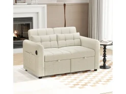 Sofá convertible de 2 plazas con puerto USB y cojines - Respaldo regulable - Tejido de algodón y lino - Beige