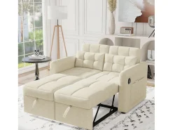 Sofá convertible de 2 plazas con puerto USB y cojines - Respaldo regulable - Tejido de algodón y lino - Beige