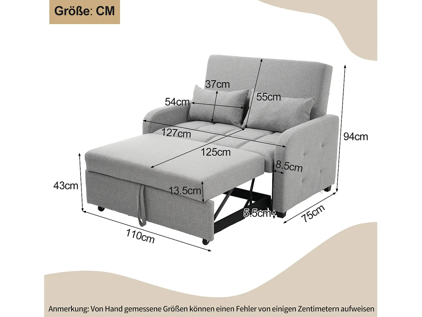 Sofá convertible de 2 plazas con respaldo regulable y 2 cojines - Tejido de lino gris