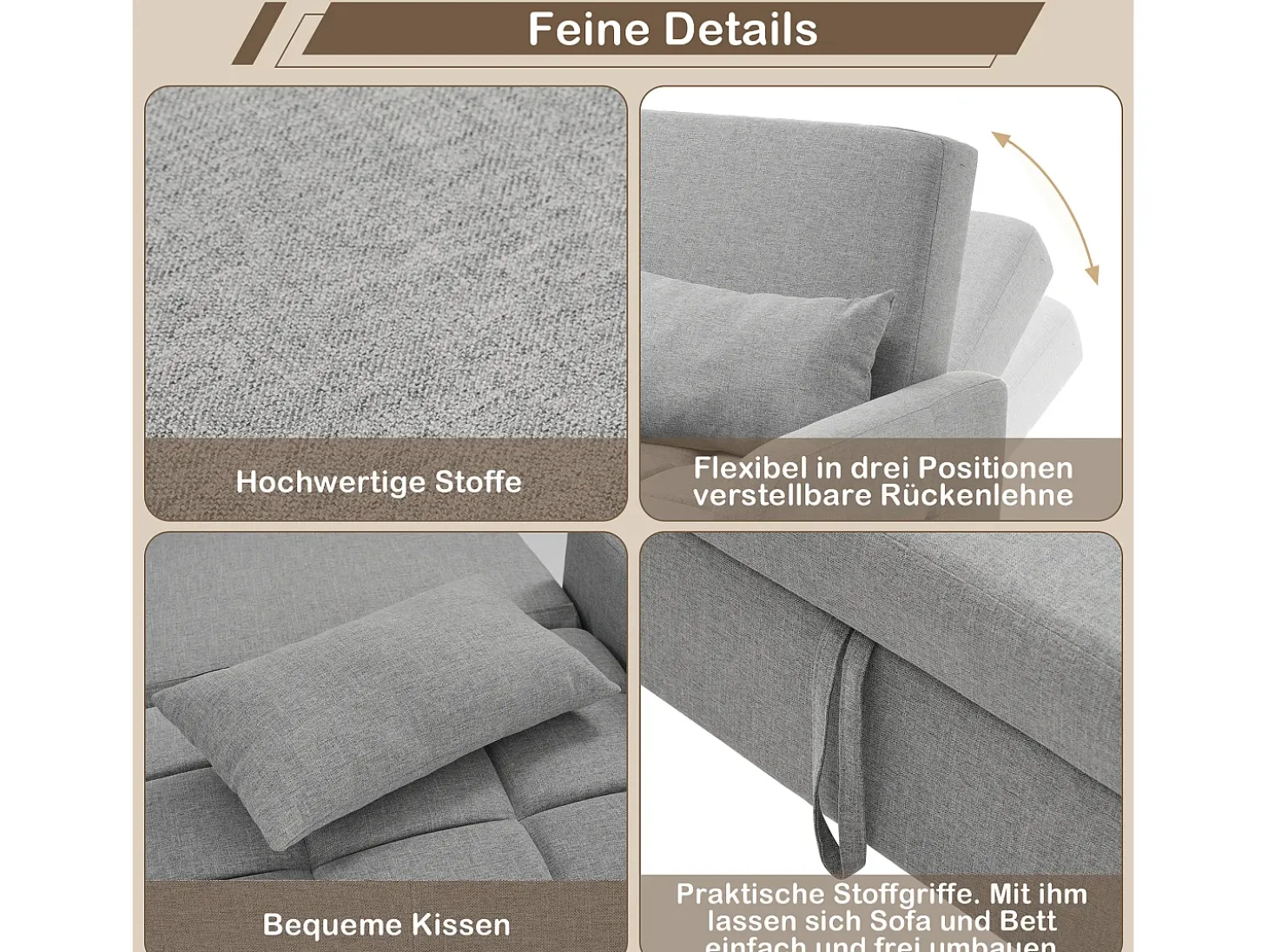 Sofá convertible de 2 plazas con respaldo regulable y 2 cojines - Tejido de lino gris