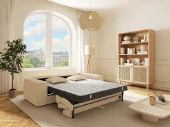 Sofá convertible express AMELIA de 4 plazas en pana beige, 160 cm, colchón viscoelástico de 13 cm