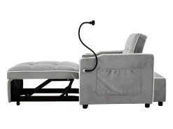 Sofá convertible individual de terciopelo gris claro con soporte para teléfono y portavasos, ideal para salón y dormitorio