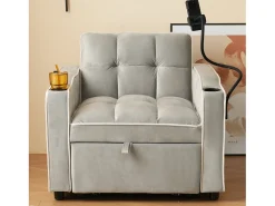 Sofá convertible individual de terciopelo gris claro con soporte para teléfono y portavasos, ideal para salón y dormitorio