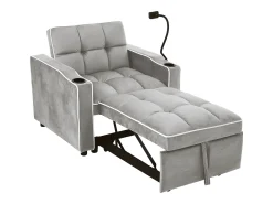 Sofá convertible individual de terciopelo gris claro con soporte para teléfono y portavasos, ideal para salón y dormitorio