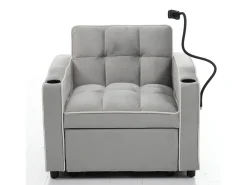 Sofá convertible individual de terciopelo gris claro con soporte para teléfono y portavasos, ideal para salón y dormitorio