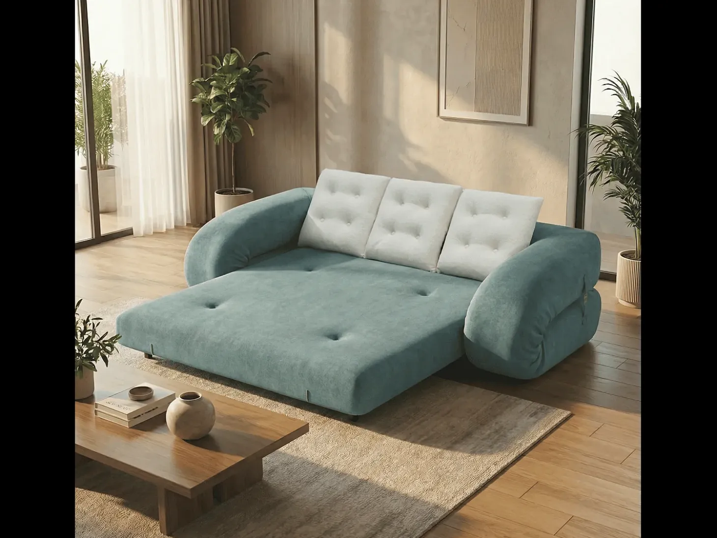 Sofá convertible Okoa 2 plazas - salvia y blanco