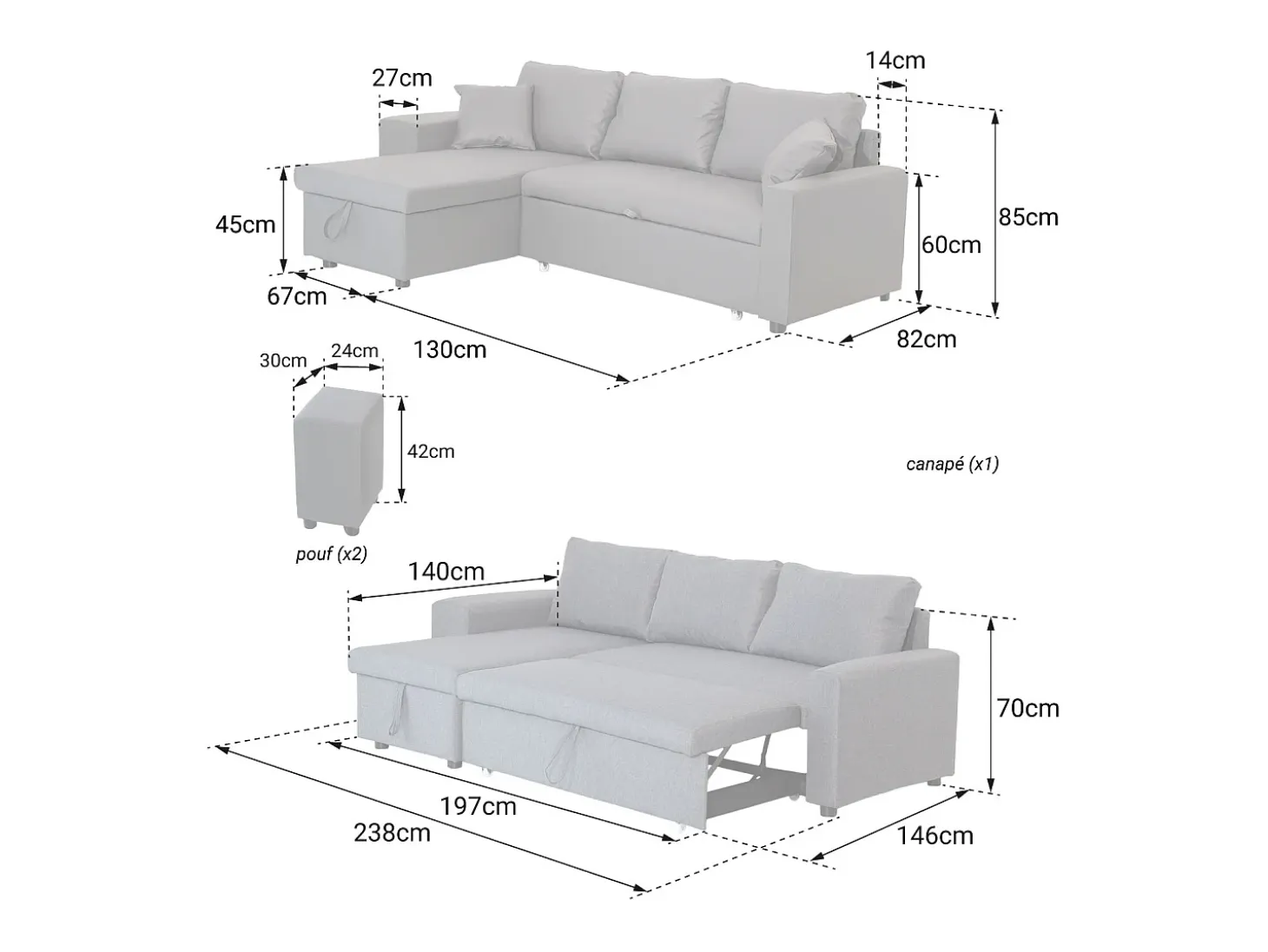 Sofá convertible TONY 3 plazas gris
