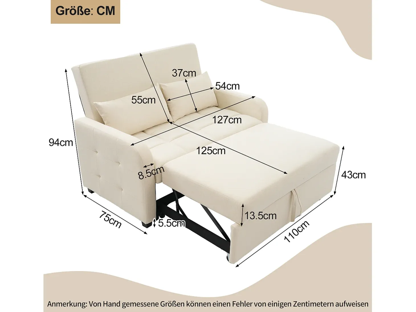 Sofá convertible 127x75x94 cm - Respaldo ajustable - Incluye 2 cojines - Beige