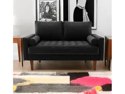 Sofá de 2 a la plantilla - con 2 cojines - en terciopelo - Pies de madera - para dormitorio, sala de estar - 142x76x69cm - negro