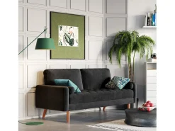 Sofá de 2 a la plantilla - con 2 cojines - en terciopelo - Pies de madera - para dormitorio, sala de estar - 142x76x69cm - negro