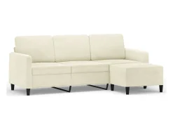 Sofá de 3 lugares com apoio de pés 180 cm veludo cor creme