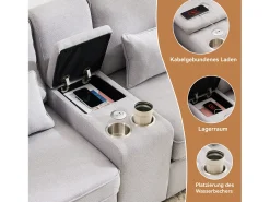 Sofá de 4 plazas - 290 x 83 x 88 cm - con 2 portavasos, 2 puertos USB, 2 bolsillos y 4 cojines - Tela de lino - Gris