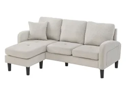 Sofá de 3 plazas con chaise longue – Sofá esquinero con bolsillos laterales – Tejido de algodón y lino beige