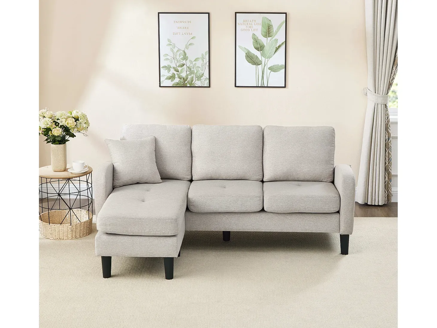 Sofá de 3 plazas con chaise longue – Sofá esquinero con bolsillos laterales – Tejido de algodón y lino beige
