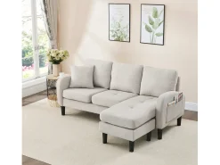 Sofá de 3 plazas con chaise longue – Sofá esquinero con bolsillos laterales – Tejido de algodón y lino beige