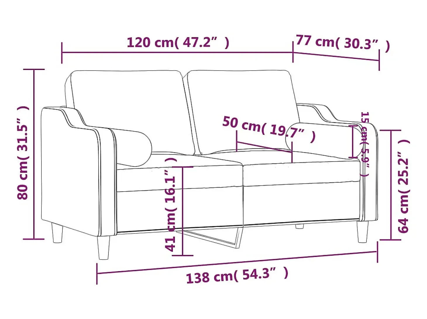 Sofá de 2 plazas con cojines tela marrón 120 cm