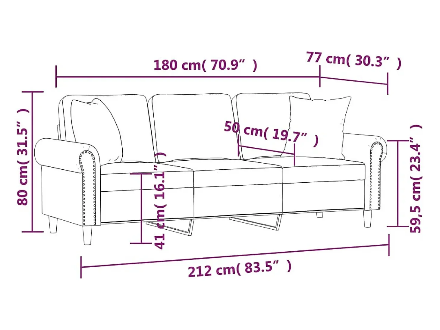 Sofá de 3 plazas con cojines terciopelo negro 180 cm