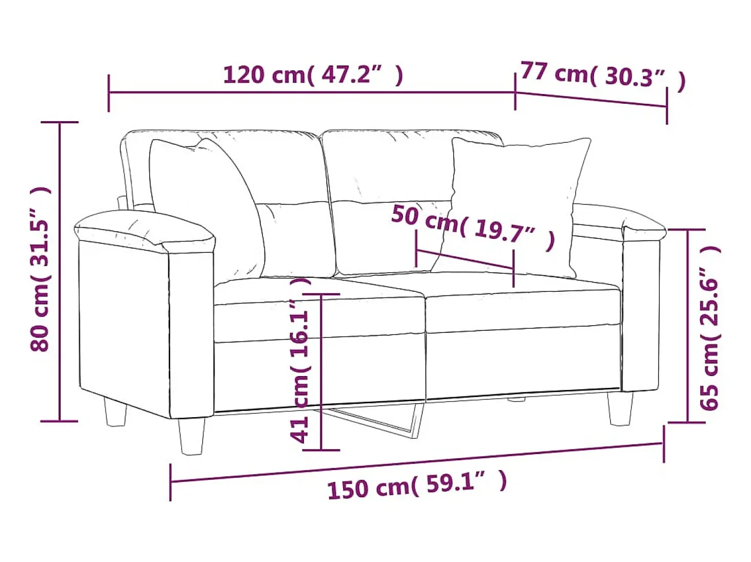 Sofá de 2 plazas con cojines tela de microfibra beige 120 cm