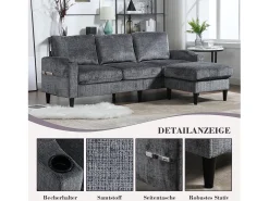 Sofá de 4 plazas con reposapiés - 196,5 x 75 x 77 cm - con almacenaje + reposabrazos - terciopelo - gris