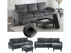 Sofá de 4 plazas con reposapiés - 196,5 x 75 x 77 cm - con almacenaje + reposabrazos - terciopelo - gris