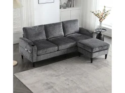 Sofá de 4 plazas con reposapiés - 196,5 x 75 x 77 cm - con almacenaje + reposabrazos - terciopelo - gris