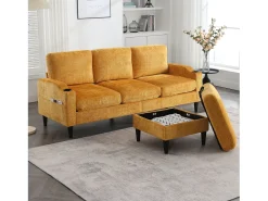 Sofá de 4 plazas con reposapiés - 196,5 x 75 x 77 cm - con almacenaje + reposabrazos - terciopelo - Amarillo